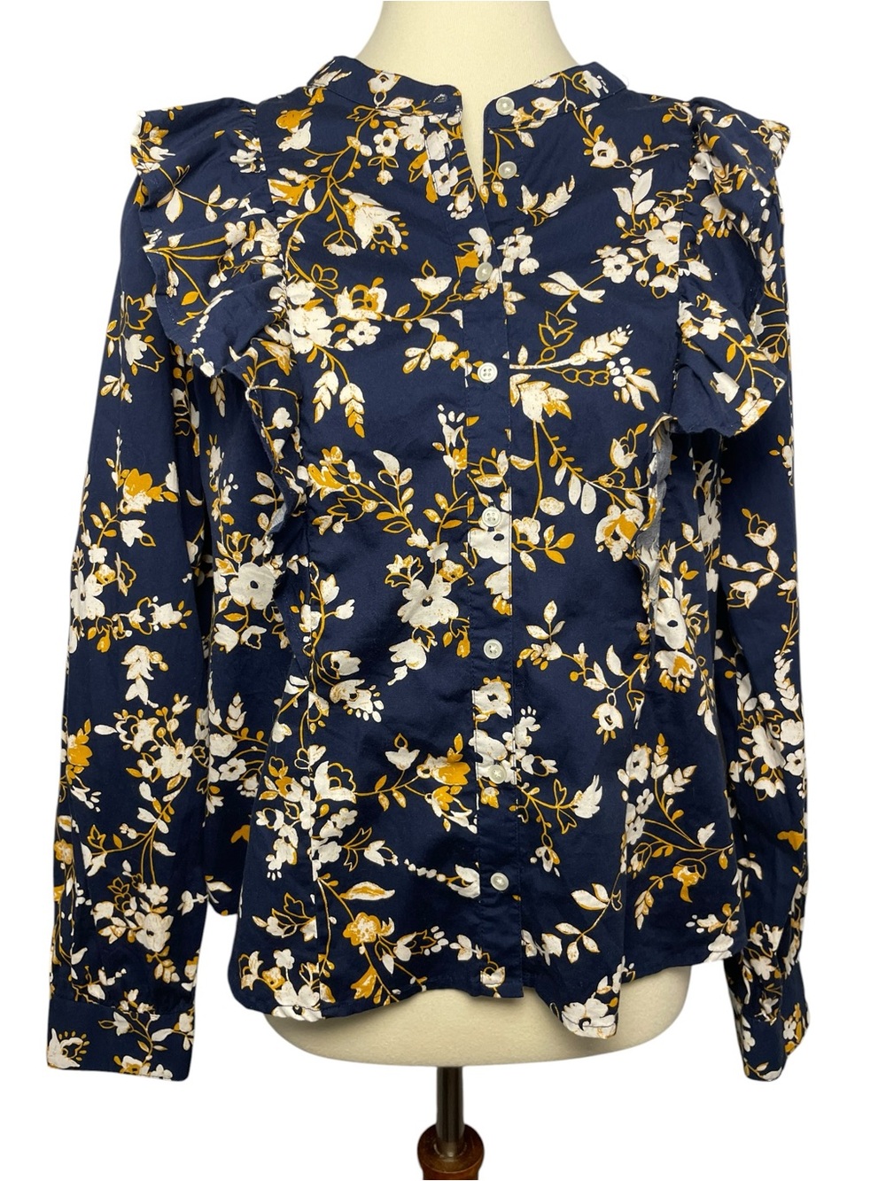 J. Crew Cotton Poplin Ruffle Top Floral Long-Sleeve Blouse - Navy - Picture 2 of 9